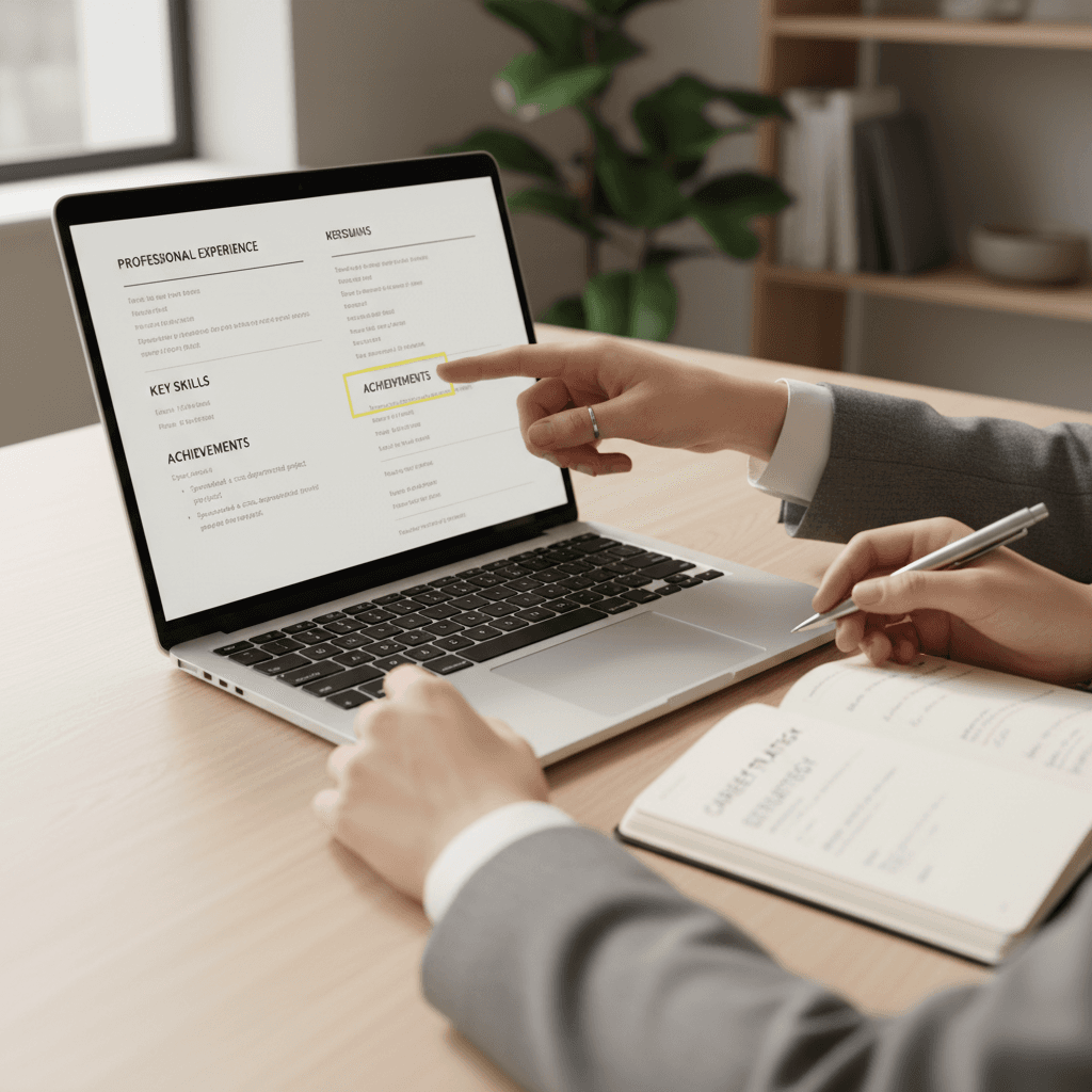 Career advisor's hands pointing to resume sections on laptop during personalized coaching session with natural window light