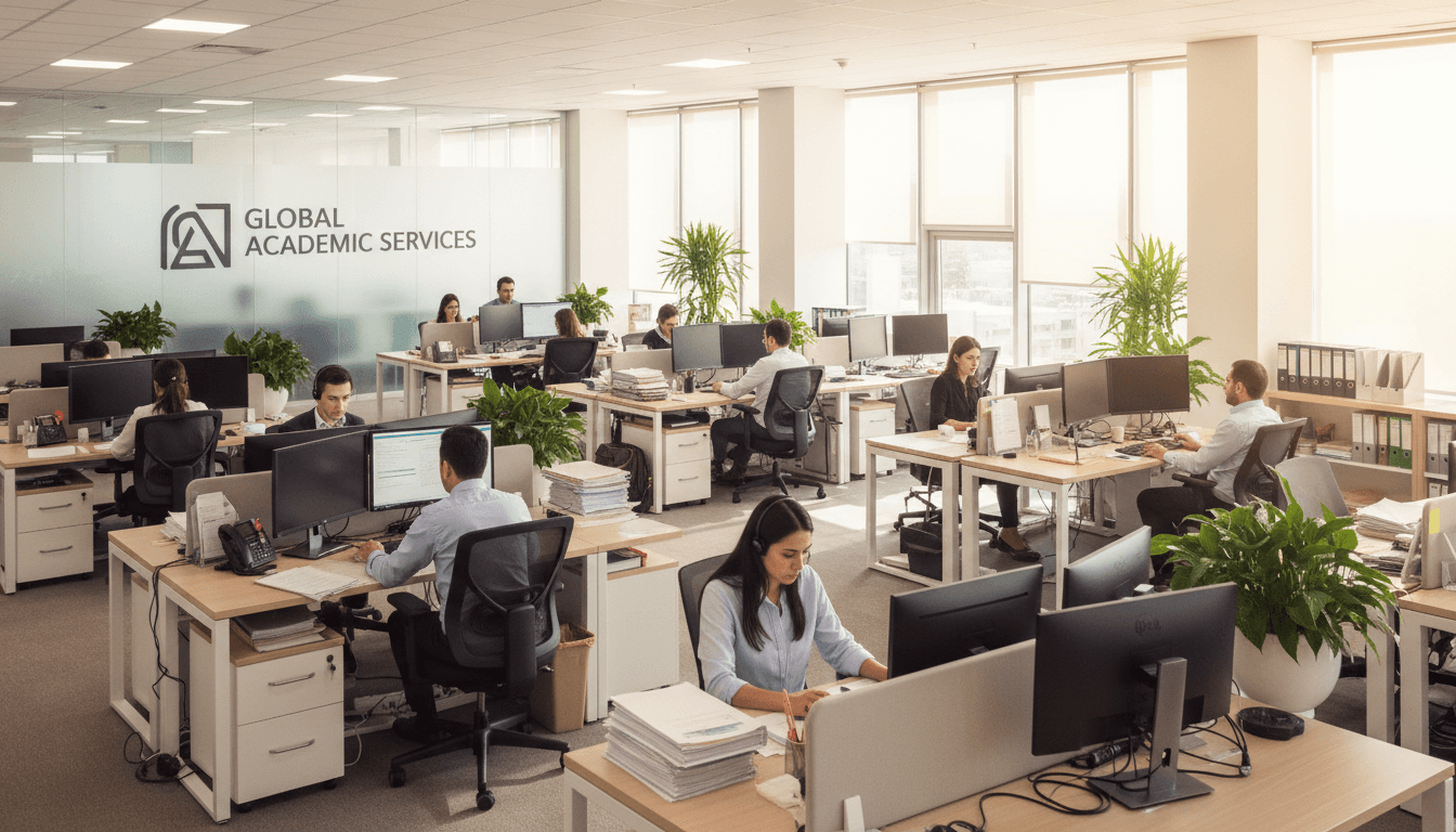 Modern administrative office with multiple staff members at workstations coordinating student services