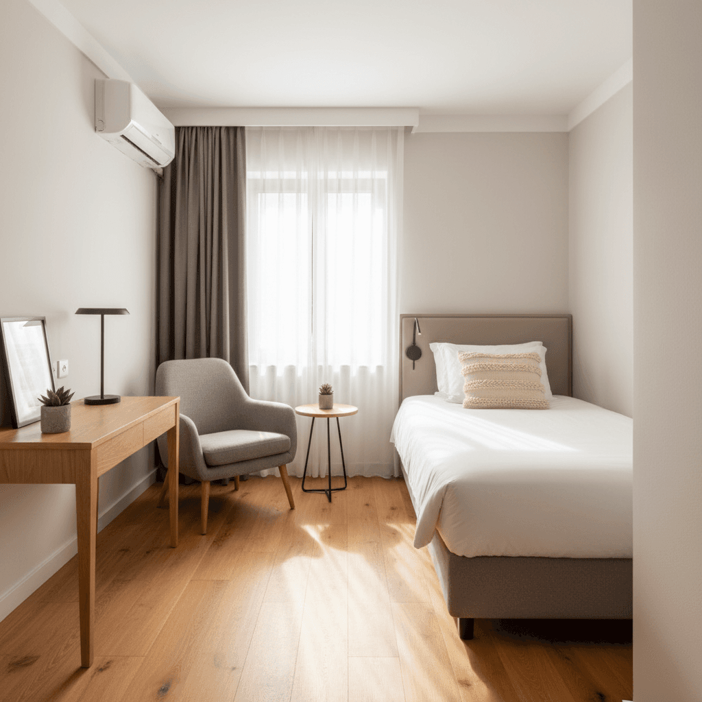 Bright, organized furnished guest room with single bed, work desk, armchair, and natural window light creating an inviting, professional lodging space