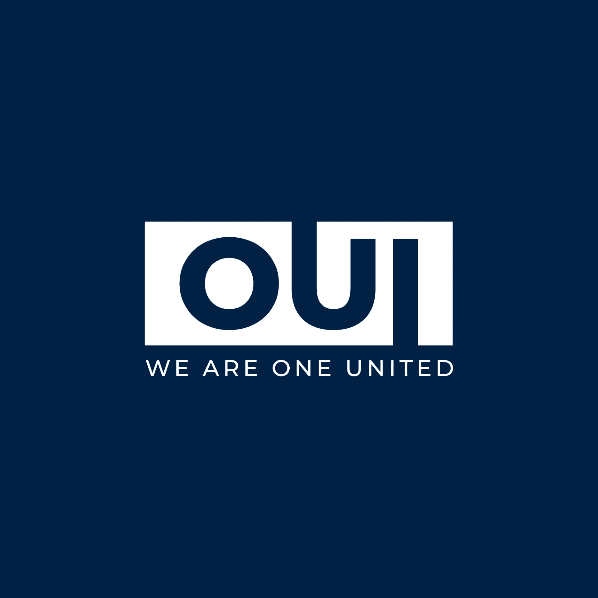 Bold blue 'OUT' logo inside a white box above the slogan 'WE ARE ONE UNITED'.